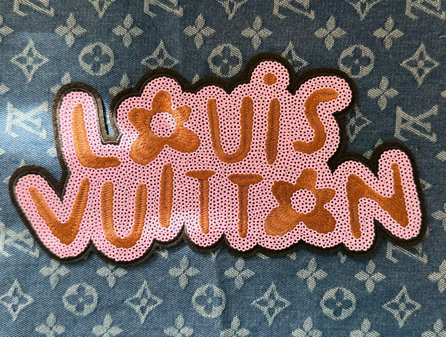 PINK LARGE SEQUINS LV IRON ON PATCH
