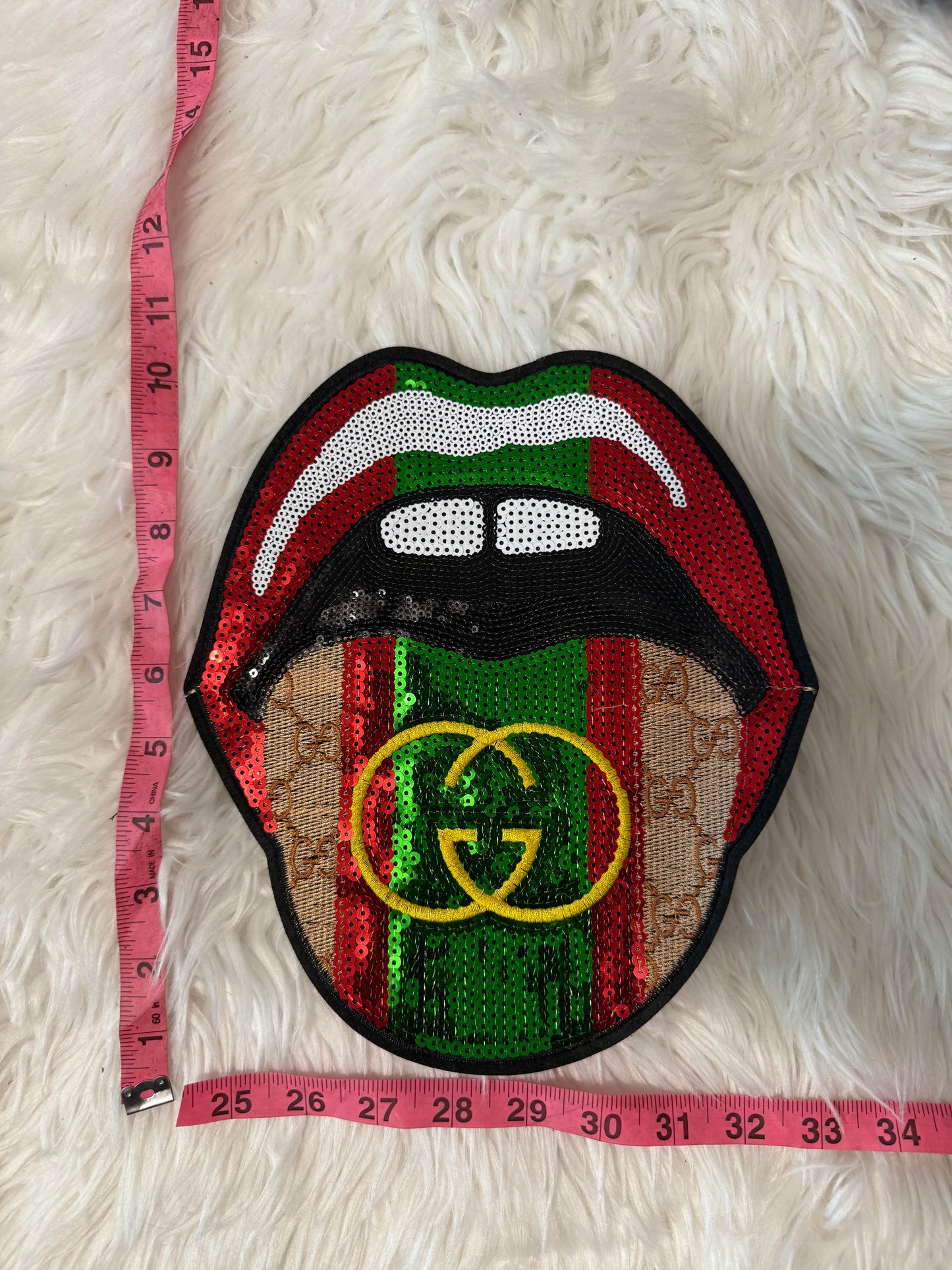 Large shiny GG tongue iron on patch