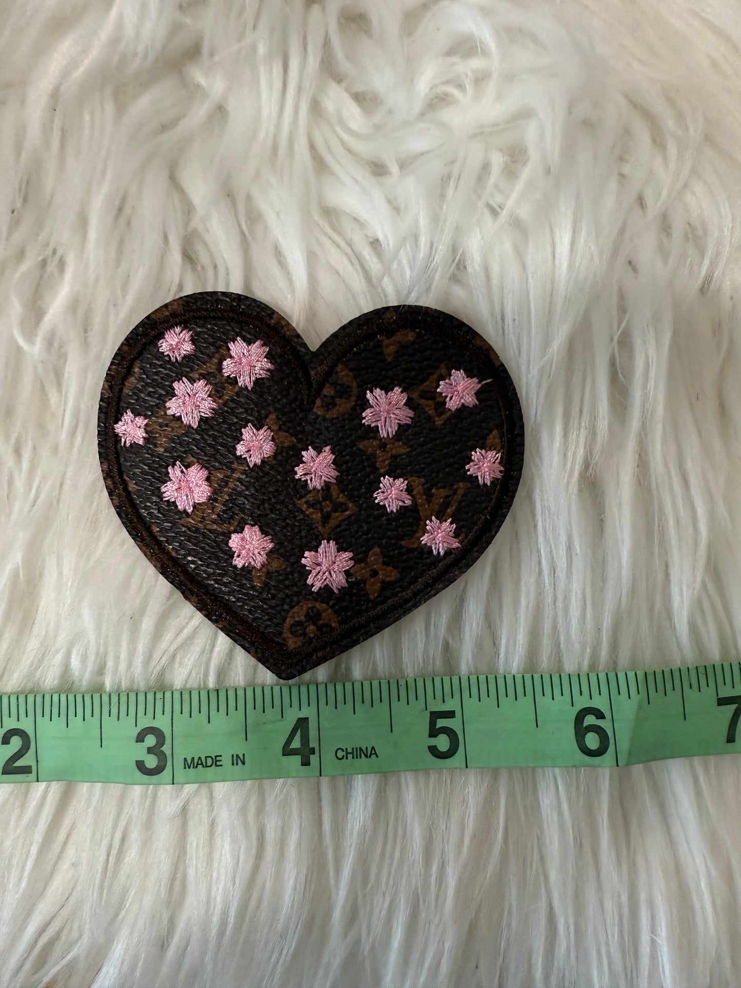 Brown and pink LV faux leather heart iron on patch