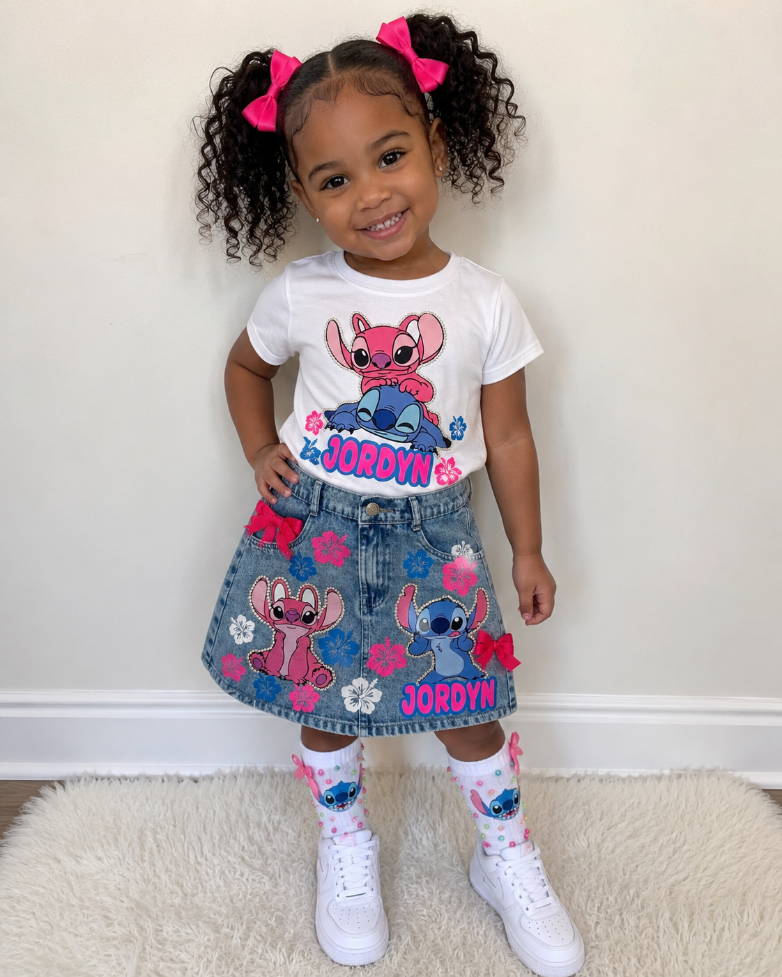 Custom Outfit with bling, ribbons and scrunch socks