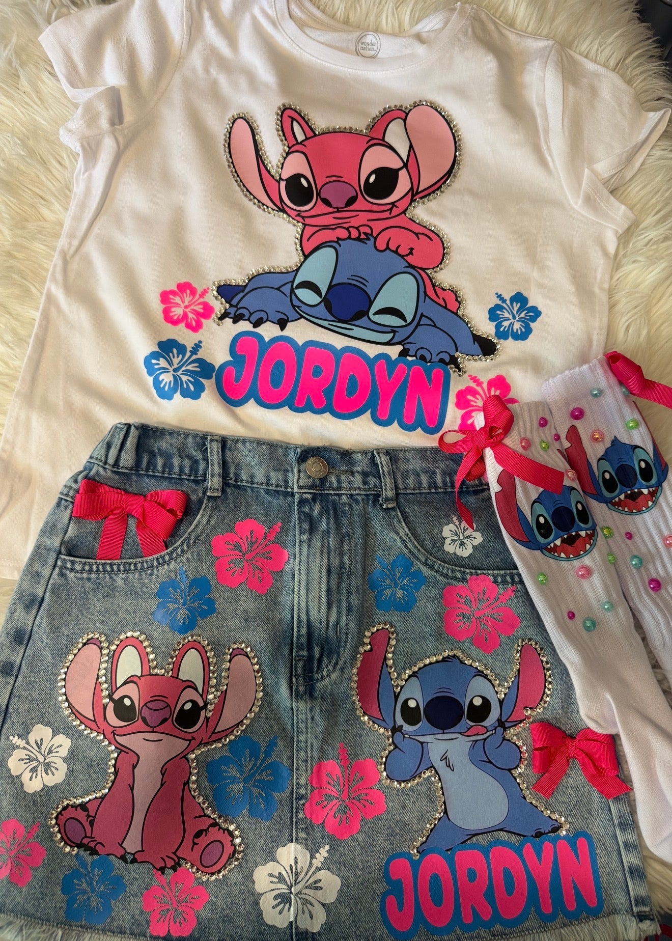 Custom Outfit with bling, ribbons and scrunch socks