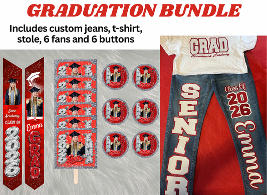 Graduation bundle with Jeans, t-shirt, stole, 6 buttons and 6 fans