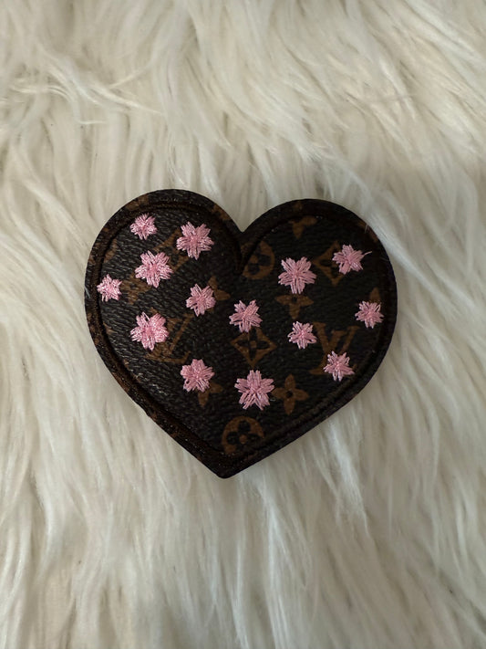 Brown and pink LV faux leather heart iron on patch