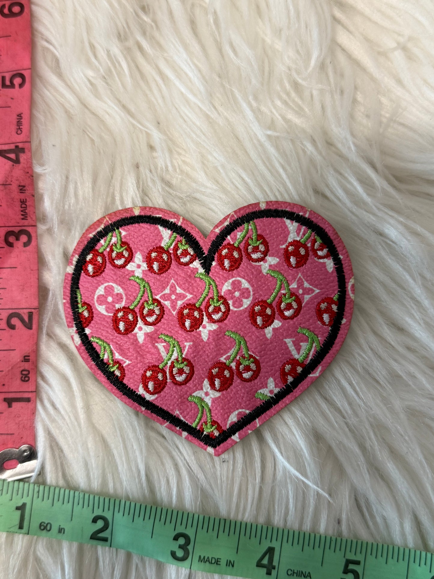 Pink LV CHERRY HEART FAUX LEATHER IRON ON PATCH