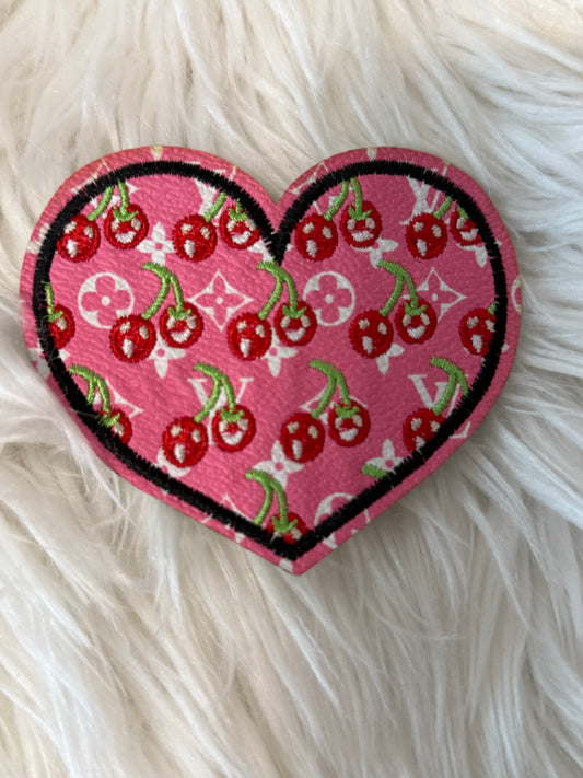 Pink LV CHERRY HEART FAUX LEATHER IRON ON PATCH